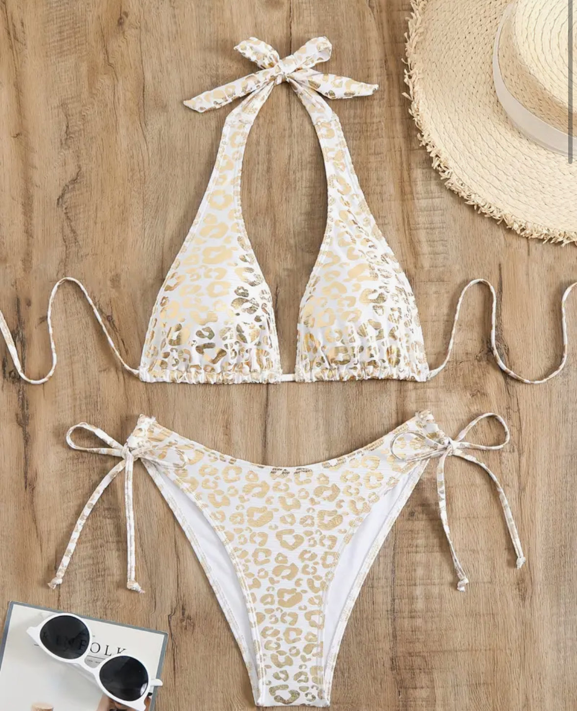 Sexy White and Gold Leopard Print Bikini